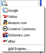 A barra de busca padrão inclui Amazon.com, Dictionary.com, eBay, Google e Yahoo! com a opção de adicionar mais mecanismos de busca.