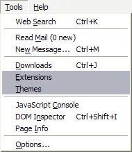 Ajustes de Temas e Extensões podem ser feitos através do menu Ferramentas no Firefox.